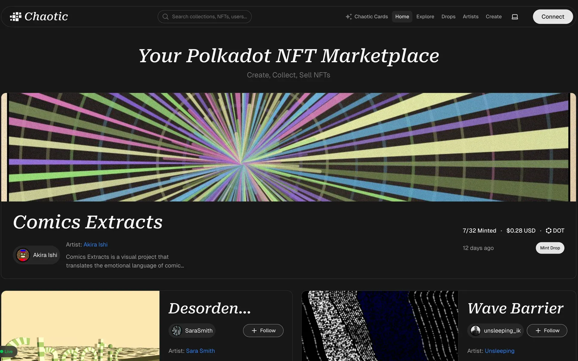 The Chaotic home page, with a featured generative art drop and a grid of collections below it