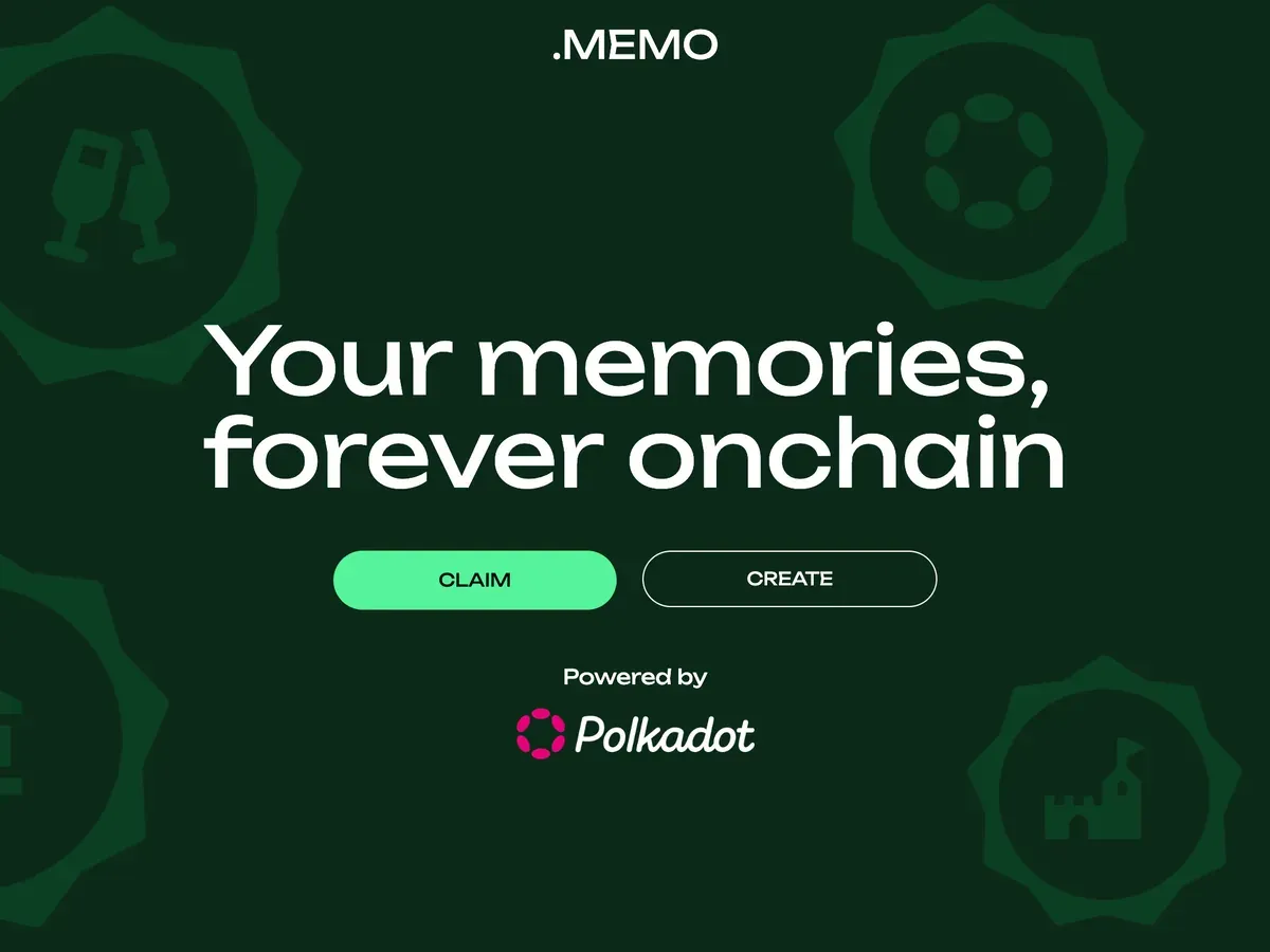 The dotmemo landing page, headlined "Your memories, forever onchain", with claim and create actions