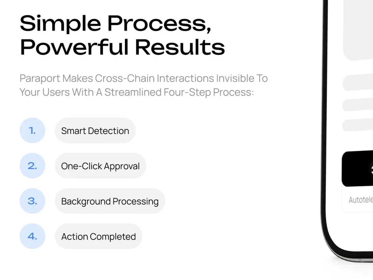 The Paraport site explaining its four-step transfer flow, next to a phone showing a one-signature token move